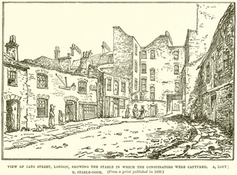 Ansicht der Cato Street, London, mit dem Stall, in dem die Verschwörer gefangen wurden