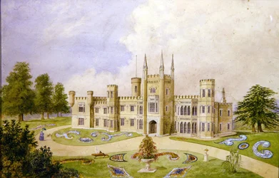 Ansicht eines Landhauses im gotischen Stil mit formellem Garten, ca. 1840