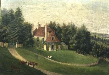 Ansicht eines Hauses und eines Gartens