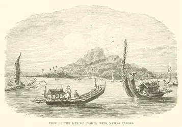Blick auf die Insel Tahiti, mit einheimischen Kanus