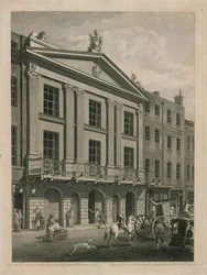 Ansicht der neuen Front, in Richtung Bridges Street, des Haupteingangs zum Theatre Royal Drury Lane