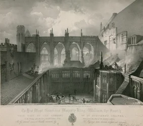 Ansicht der Überreste der St Stephens Kapelle am Morgen nach dem Feuer