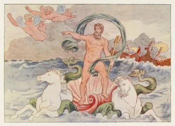 Vergils Aeneis: Neptun beruhigt die Wellen (Farblithografie)