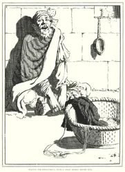 Wartend auf Arbeit, mit einem großen Korb vor sich