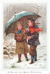 Unter einem Regenschirm im Schneesturm, Weihnachtskarte