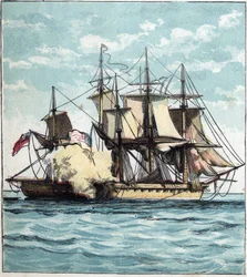 Krieg von 1812 zwischen den Vereinigten Staaten und Großbritannien: die Fregatte Chesapeake während der Seeschlacht gegen die britische Fregatte „Shannon“ am 01.06.1813 vor Boston. 