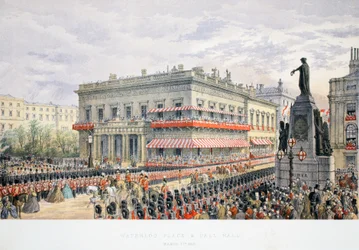 Waterloo Place und Pall Mall, aus Ein Gedenkbuch zur Hochzeit von Edward VII. und Alexandra von Dänemark, veröffentlicht 1864