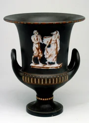 Wedgwood-Vase, die ein junges Mädchen und einen schwarzen Keramiksatyr darstellt, bemalt „mit der Enkaustik“. England, um 1775 - 1790. Münzkabinett, BN in Paris