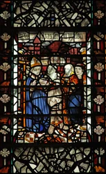 Fenster w58 mit dem hl. Thomas Becket mit einem Gefangenen und 2 weiteren Figuren