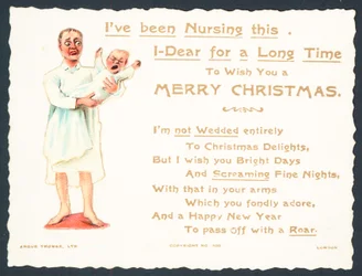 Frau hält schreiendes Baby, Weihnachtskarte