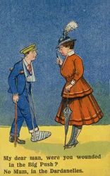 Frau spricht mit einem verwundeten Soldaten