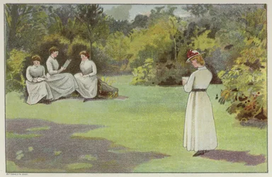 Frauen entspannen sich in einer ruhigen Ecke von Bournville, Birmingham (Chromolitho)