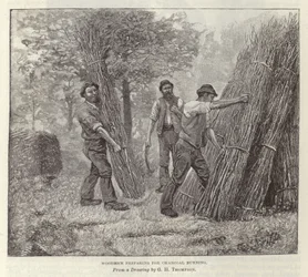 Holzfäller bereiten sich auf das Kohlenbrennen vor