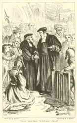 "Ja, Sir," antwortete Rogers, "durch Gottes Gnade" (Gravur)