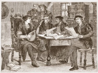 Zwingli unter seinen Freunden, Illustration aus Die Geschichte des Protestantismus von James Aitken Wylie, veröffentlicht 1878