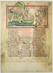 f.4v Thomas a Becket landet in Sandwich und segnet das Wasser, aus den Becket-Blättern, ca. 1220-40