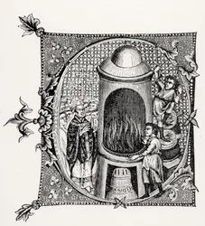 Historiierte Initiale C aus Divinorum Officiorum von William Durand, Illustration aus Wissenschaft und Literatur im Mittelalter und der Renaissance, geschrieben und graviert von Paul Lacroix, 1878