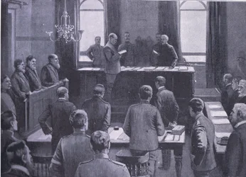 Ein Prozess wegen Hochverrats in Bloemfontein, aus After Pretoria: Der Guerillakrieg veröffentlicht von Harmsworth Bros Limited, 1901