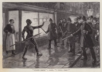 Polizisten konfrontiert mit einem Mann in mittelalterlicher Rüstung auf einer Straße in London