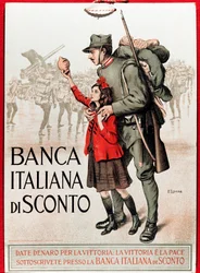 Erster Weltkrieg: Italienisches Plakat zur Förderung eines nationalen Kredits, Darstellung eines Soldaten mit einem kleinen Mädchen, das ihm seine Lira anbietet