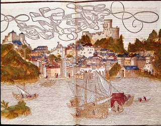 Der Hafen von Korfu in Griechenland. Seite aus dem Reisebuch 