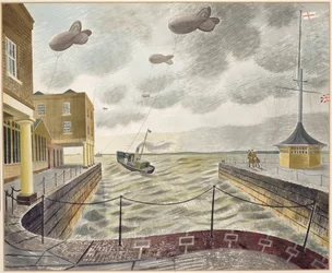 Barrage-Ballons vor einem britischen Hafen