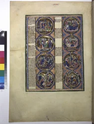 Vollseite: Acht Medaillons mit Miniaturen und begleitendem Text, um 1225-1250