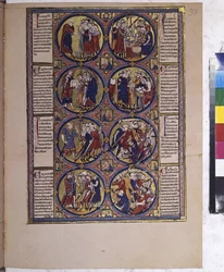Vollseite: Acht Medaillons mit Miniaturen und Text