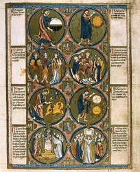 Vollseite: acht Medaillons mit begleitendem Text: Die Schöpfung der Welt, um 1225-1250