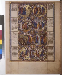 Ganzseitig: acht Medaillons mit Miniaturen, Aarons Schwester, tanzend mit einem Tamburin in der Hand, ca. 1225-1250