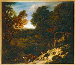 Landschaft mit Hirten und Herden an einem Teich