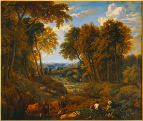 Landschaft mit Hirten und Herden auf einem Waldweg