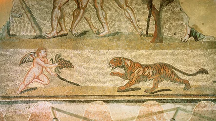 Putto und Tiger. Mosaik aus der Villa Hermes, Aquincum, Ungarn