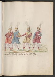Der Hof eines Paschas und Sultans: vier türkische Bogenschützen aus der Leibgarde des Sultans
