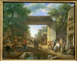 Ein Jahrmarkt vor einem Gasthaus