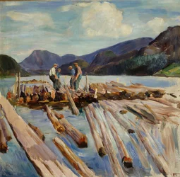 Holzflößerei in Kviteseid (schwimmendes Holz)