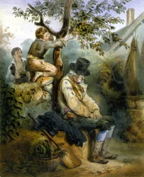 Kinder stehlen Äpfel unter der Nase des schlafenden Bauern - Lithografie von Grenier, ca. 1840