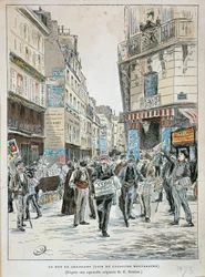 Frankreich, Paris, Zeitungsverkäufer in der Rue du Croissant an der Ecke der Rue du Faubourg Montmartre in Paris von Ernest Grenier, Druck aus Aquarell
