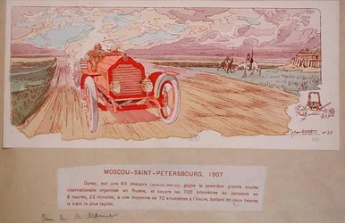 Arthur Duray in seinem Lorraine-Dietrich, der die Rallye Moskau-St. Petersburg 1907 gewinnt, ca. 1910