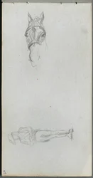 Skizzenbuch, Seite 69: Studie einer Hand, eines Pferdes und einer Figur