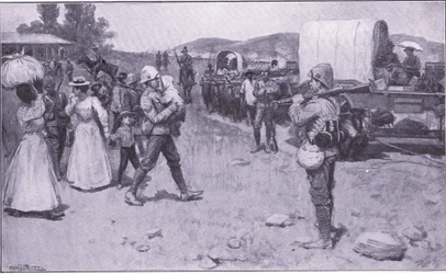 Britische Soldaten helfen Burenflüchtlingen, Illustration aus After Pretoria: The Guerilla War, 1902