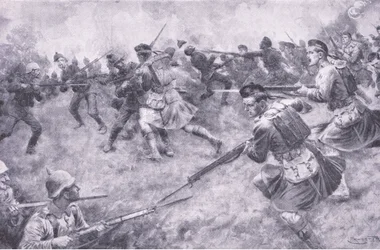 Tapferer Angriff der London Scottish, aus Geschichte des Großen Krieges Band 3, veröffentlicht von Waverley Book Co Limited, ca. 1920