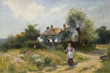 Landschaft mit einer Frau vor einem Cottage, spätes 19.-20. Jahrhundert