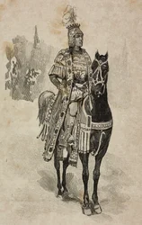 Herzog von Aosta Emanuele Filiberto von Savoyen im Kostüm von Umberto Biancamano beim Turnier in der Villa Borghese anlässlich der Silberhochzeit von Umberto I. und Margherita von Savoyen, Rom, Italien