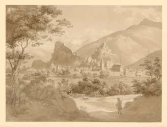 Blick auf eine kleine befestigte Stadt und zwei Burgen in Gebirgslandschaft, vorn ein Maler