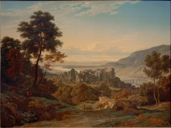 Heidelberg, Schloss und Stadt von Osten mit Blick auf die Rheinebene