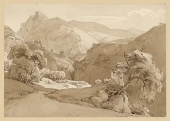 Italienische Gebirgslandschaft, im Mittelgrund Ruine eines Rundtempels