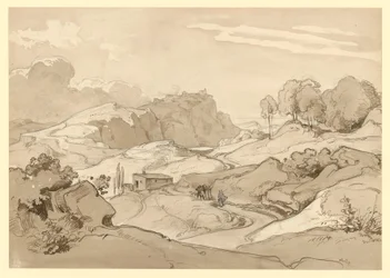 Italienische Landschaft mit Felsenhügeln und Bäumen, am Weg eine Hütte und figürliche Staffage