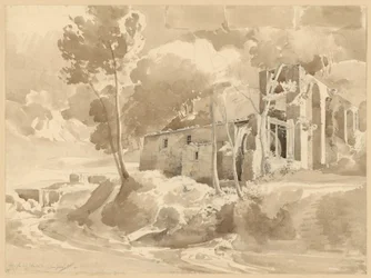 Landschaft mit Fluss und Aquädukt mit Mühle bei Massa
