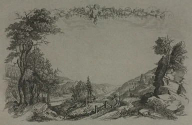 Sechs Ansichten des Heidelberger Schlosses: Deckblatt, Jagdszene
